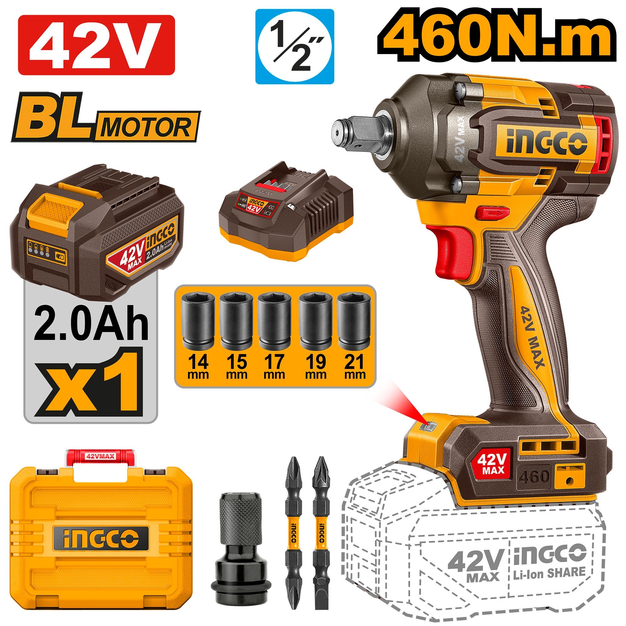 Ingco (CIWLI42461) 460 Nm,12.7mm (1/2") 42V Cordless BL 3-Speed Adjustment Impact Wrench With Accessories