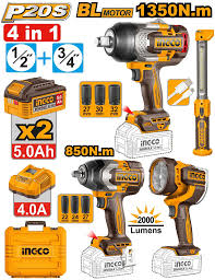 Ingco COSLI250782 4 In 1 20V Cordless Brushless 2 Pcs Impact Wrench & 2 Pcs Work Lamp Combo Kit With Battery, Charger & Socket Set