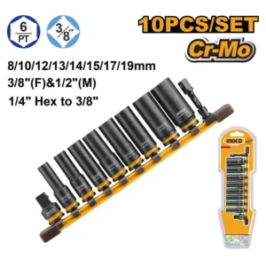 INGCO HKISSD38105L 10PCS 3/8" DR. CR-MO DEEP IMPACT SOCKET SET 8-19MM