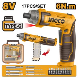 Ingco CSDLI08025 6Nm 8V Cordless Screwdriver With 17 Pcs Accessories Set, 220 RPM