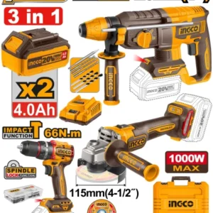 Ingco COSLI241198 3pcs 20V Cordless Rotary Hammer, Angle Grinder & Impact Drill Combo Kit