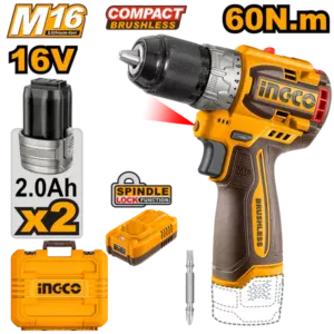 Ingco CDLI16682 16V Compact Brushless Cordless Drill with 60Nm Torque and Metal Chuck