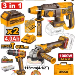 Ingco COSLI241198 3pcs 20V Cordless Rotary Hammer, Angle Grinder & Impact Drill Combo Kit