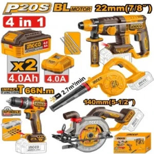 Ingco COSLI250695 20V Cordless Impact Drill,Circular Saw,Rotary Hammer & Blower 4 In 1 Combo Tool With Battery-Charger, Accessories Kit
