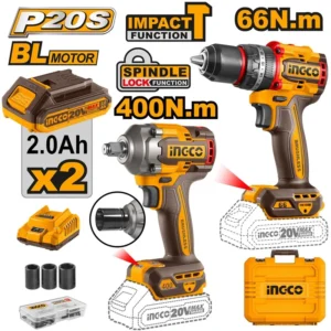 INGCO CKLI20275 Brushless Cordless 66 Nm Impact Drill with Cordless 405Nm Impact Wrench Combo Kit