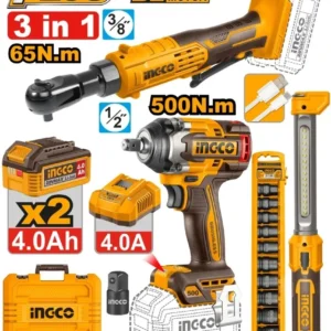 INGCO COSLI250981 3PCS 500NM IMPACT WRENCH+65NM RATCHET WR+300LM LAMP COMBO