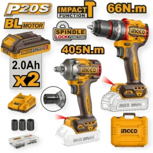 INGCO CKLI20286 Cordless Brushless 66Nm Impact Drill & 1/2″ 405Nm Impact Wrench Combo Kit