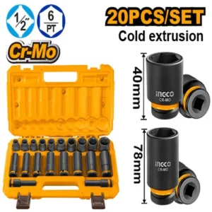 INGCO HKISSD12203L 20PCS 1/2″DR CR-MO STD & DEEP IMPACT SOCKET SET 10-24MM