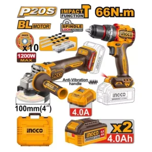 Ingco CKLI2025610 Cordless Angle Grinder with Compact Brushless Cordless Impact Drill 100mm Disc Diameter M10 Thread Anti-Vibration Handle Brushless Motor