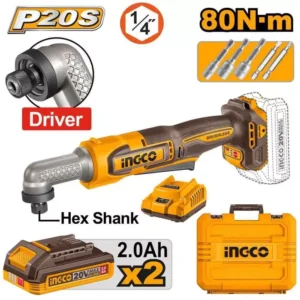 Ingco CAIRLI208 Cordless Angle Impact Driver 6.3 mm (1/4 inch) Square Drive (Inch) 2.0 Ah Battery Capacity Brushless Motor