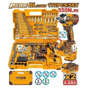Ingco HKTHP41723 20V Cordless BL 550 Nm Torque 1/2" Impact Wrench With 172 Pcs Tools Set