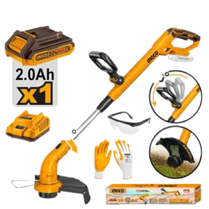 Ingco CGTLI20301 20V Lithium-Ion Grass Trimmer 8200rpm No-Load Speed, 300mm Cutting Diameter, Edging Function, Safety Goggles, Gloves, 2.0Ah Battery, Charger