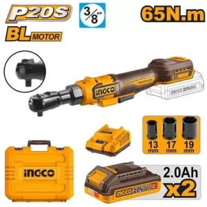 Ingco CDRLI20652 3/8″ Cordless Brushless Variable Speed Drive Ratchet 9.5mm With Battery, Charger & Sockets, 0-200/0-300/0-350 RPM