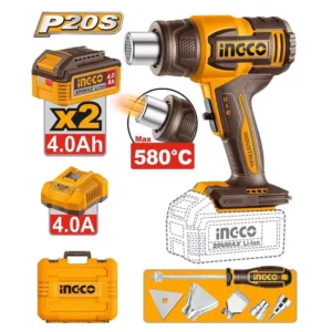 Ingco HGLI20085 20V Cordless Temperature 300-580°C Adjustable Heat Gun With Battery, Charger, 4 Pcs Nozzle & Scraper