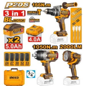 INGCO COSLI250882 20V Cordless 3Pcs Combo Kit Brushless Impact Drill, Impact Wrench, Work Lamp, Batteries and Accessories.