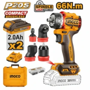 INGCO CDLI206686 20V 66NM Multi Head Drill Driver With 2.0ah Double Battery Charger.