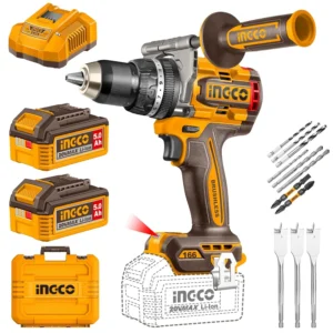 INGCO CIDLI201668 20V Cordless Brushless Impact Drill 166NM, Variable Speed 550/2100 RPM, 13mm Chuck, 23+1+1 Settings, LED Work Light, With 2Pcs 5.0Ah Battery And Charger, Packed by Carrying Case