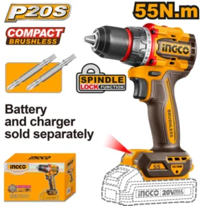 INGCO CDLI205581 13mm 20V Compact Brushless Cordless Metal Chuck Drill With Cr-V Bits, 0-500/0-2000 RPM without Battery and charger