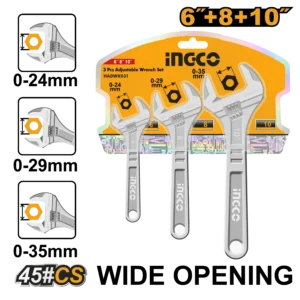 Ingco HADWK031 Adjustable Wrench Set, 6", 8",& 10".