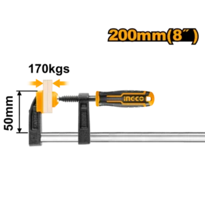 INGCO HFC020502 F Clamp 50x200mm with Plastic Handle, 170Kg Max Clamp Force.