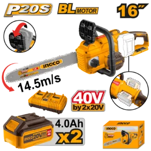 Ingco CGSLI401682 16 inch Brushless Cordless Chainsaw with 2 Pcs 20V 4Ah Li-ion Battery & Dual Port Charger