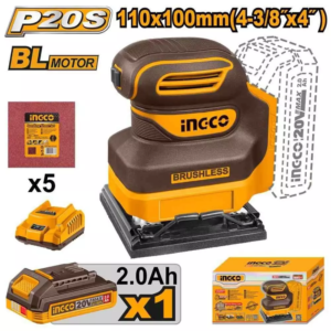 INGCO CSHSLI20141 Cordless Sheet Sander,12000 RPM, With Battery and Charger, With 5 PCS sand paper