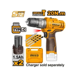 Ingco CIDLI12206 10mm 12V Cordless Impact Drill 2 Speed Gear Function 20nm With Battery & Bit