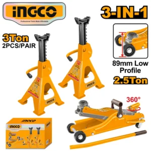 Ingco HJCS2503 2.5 Ton Floor Jack and 2×3 Ton Jack Stands Combo Set.