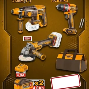 Ingco 3pcs 20V Cordless Rotary Hammer, Angle Grinder & Impact Drill Combo Kit