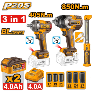 Ingco COSLI251085 3Pcs 20V Cordless 12.5mm (1/2") 850 Nm, 405 Nm Torque Impact Wrench & Work Lamp Combo Kit With Battery, Charger & Socket Set