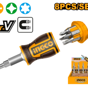 INGCO AKISDS0708 Stubby Screwdriver 8 in 1 Set with 1pcs Handle & 7pcs 1/4" x 25mm Screwdriver Bits