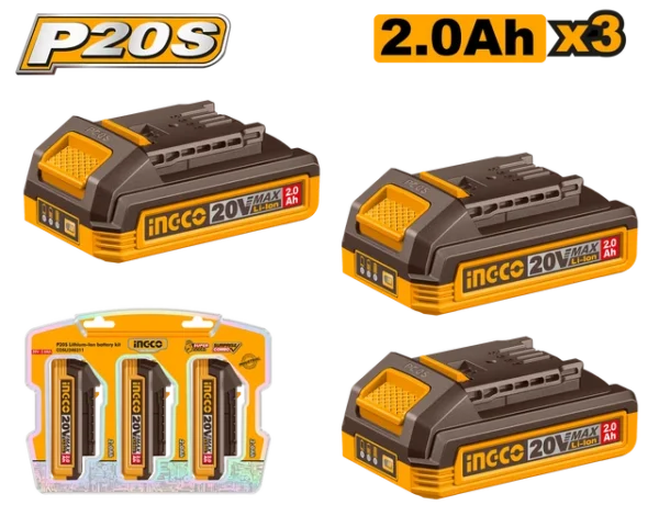 Ingco COSLI240311 3pc 20V Lithium-Ion 2.0 Ah Battery Value Pack.