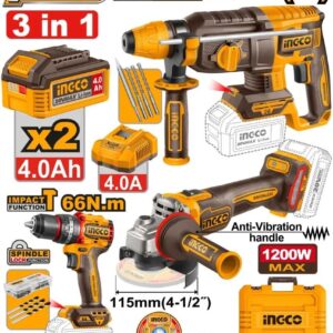 Ingco CKLI202598 20V 3Pc Cordless Combo Kit Brushless Hammer Drill Angle Grinder & Rotary Hammer Set .