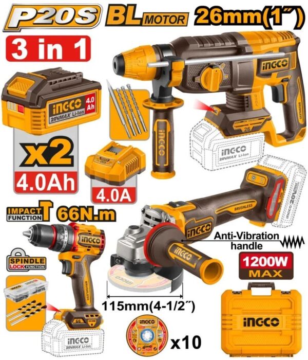 Ingco CKLI202598 20V 3Pc Cordless Combo Kit Brushless Hammer Drill Angle Grinder & Rotary Hammer Set .