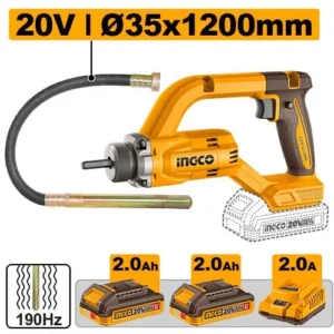 Ingco CCVLI2025021 20V Cordless Concrete Vibrator With Battery, Charger & Vibrator Poker, 2500 RPM