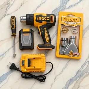 INGCO 20V Cordless Dual Temp Heat Gun With 2.0ah Battery Charger & Nozzle Accessories.