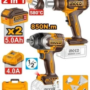 INGCO COSLI260381 20V Cordless Combo Kit,Brushless 1/2 Inch Impact Wrench & 580°C Heat Gun with 2 Batteries.