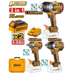 Ingco COSLI250386 3Pcs 20V Cordless Impact Wrench Combo Kit With Battery, Charger.